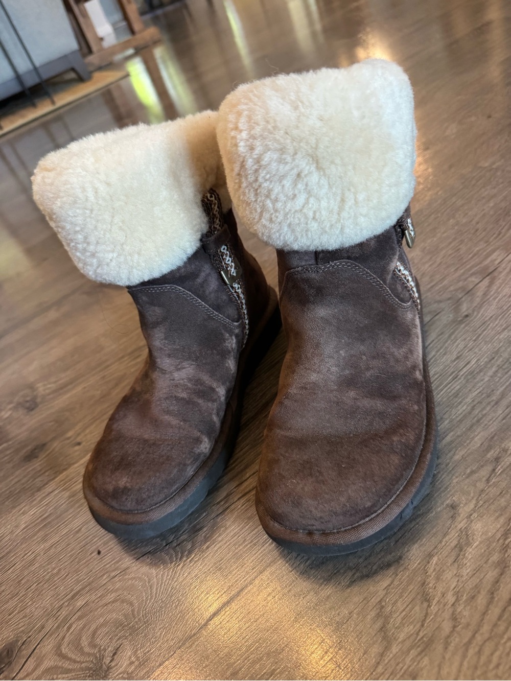 UGG Brown Suede Shearling Cuff Ankle Boots